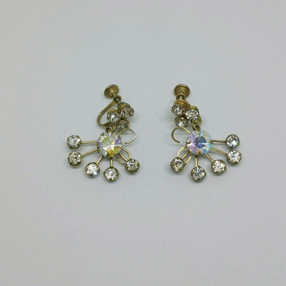 Vintage aurora borealis rhinestone dangle earrings - Picture 3 of 8